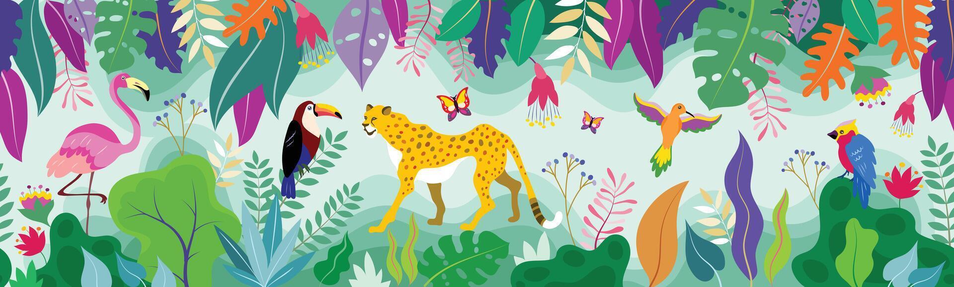 Tropical horizontal seamless pattern with cheetah, parrot and exotic plants leaves. vector