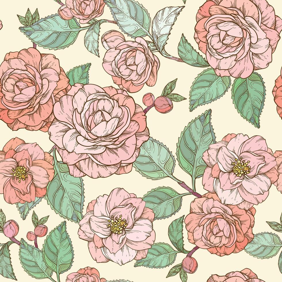 Seamless pattern with Camellia flowers. Pastel peach palette flower collection. vector