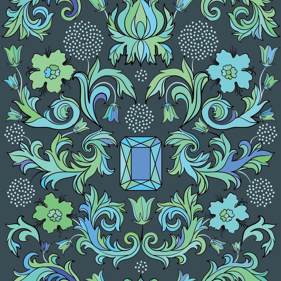 Hand drawn abstract graphic illustration with magic art seamless pattern of crystals, flowers and leaves, neon color palette. vector