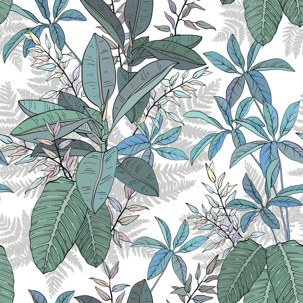 Ficus, palm leaves and tropical plants seamless pattern, tropical foliage, branch, greenery. vector