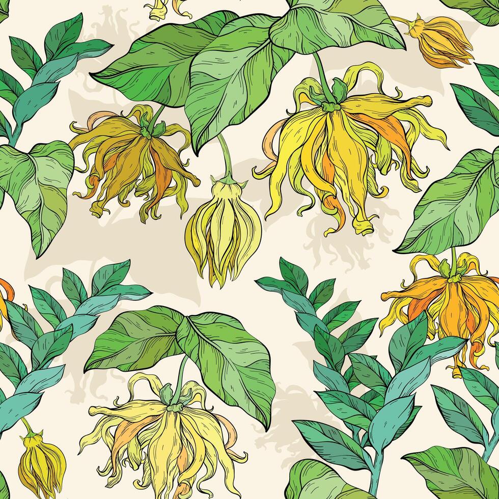 Seamless pattern with yellow ylang ylang flowers and leaves vector