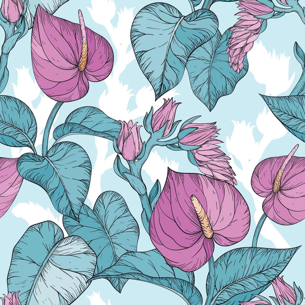 Seamless pattern with Tropical leaves and Anthurium flowers. vector