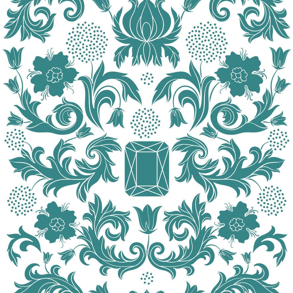 Hand drawn abstract graphic illustration with magic art seamless pattern of crystals, flowers and leaves. vector
