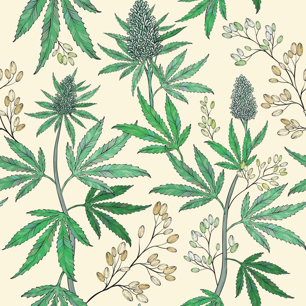 Hand drawn cannabis leaves seamless background. Marijuana sketch drawing seamless pattern vector