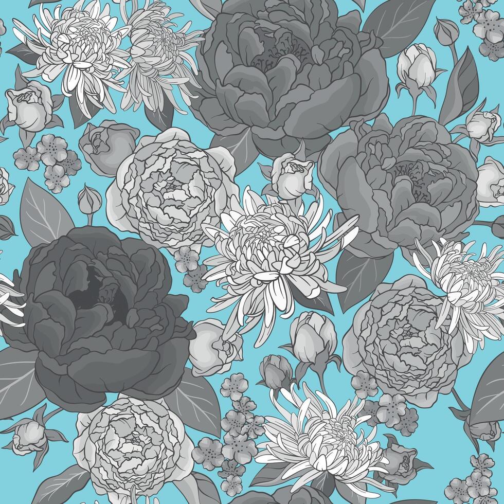 Seamless pattern with various flowers and peonies, monochrome flowers on a blue background vector