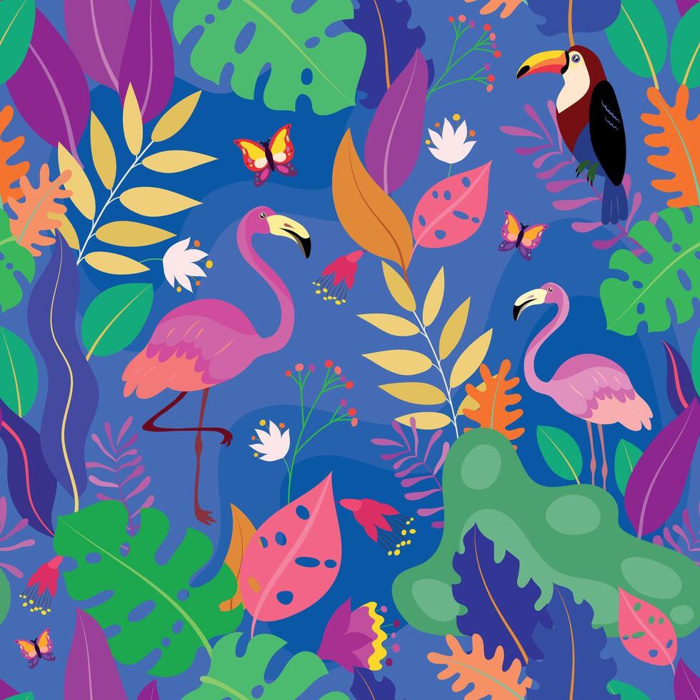 Tropical wildlife design, seamless pattern with flamingo, toucan and exotic plants leaves vector