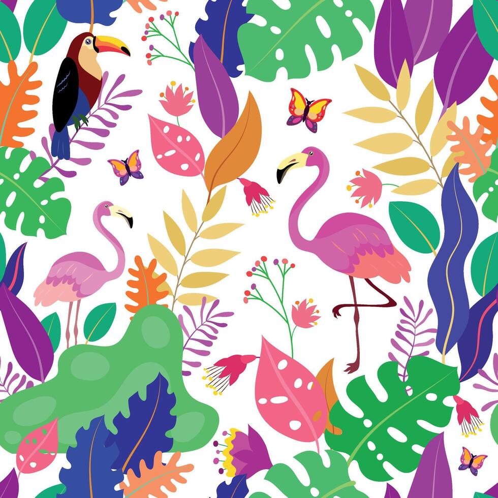 Tropical seamless pattern with flamingo, toucan and exotic plants leaves. vector