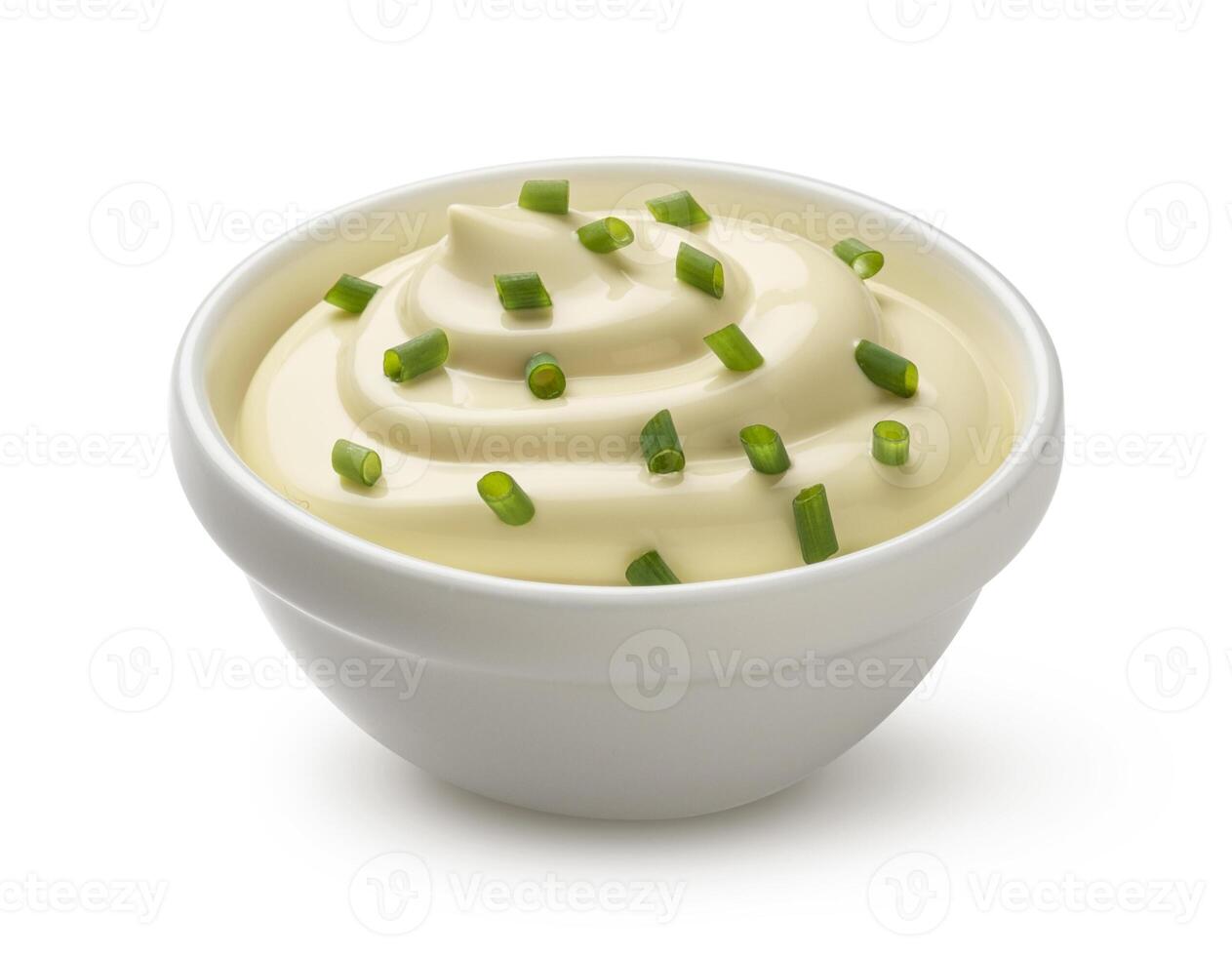 Sour cream with onion on white background photo