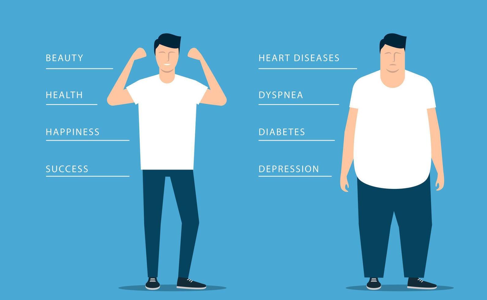 The benefits of a healthy lifestyle over obesity on the example of a fat and athletic young man. illustration vector