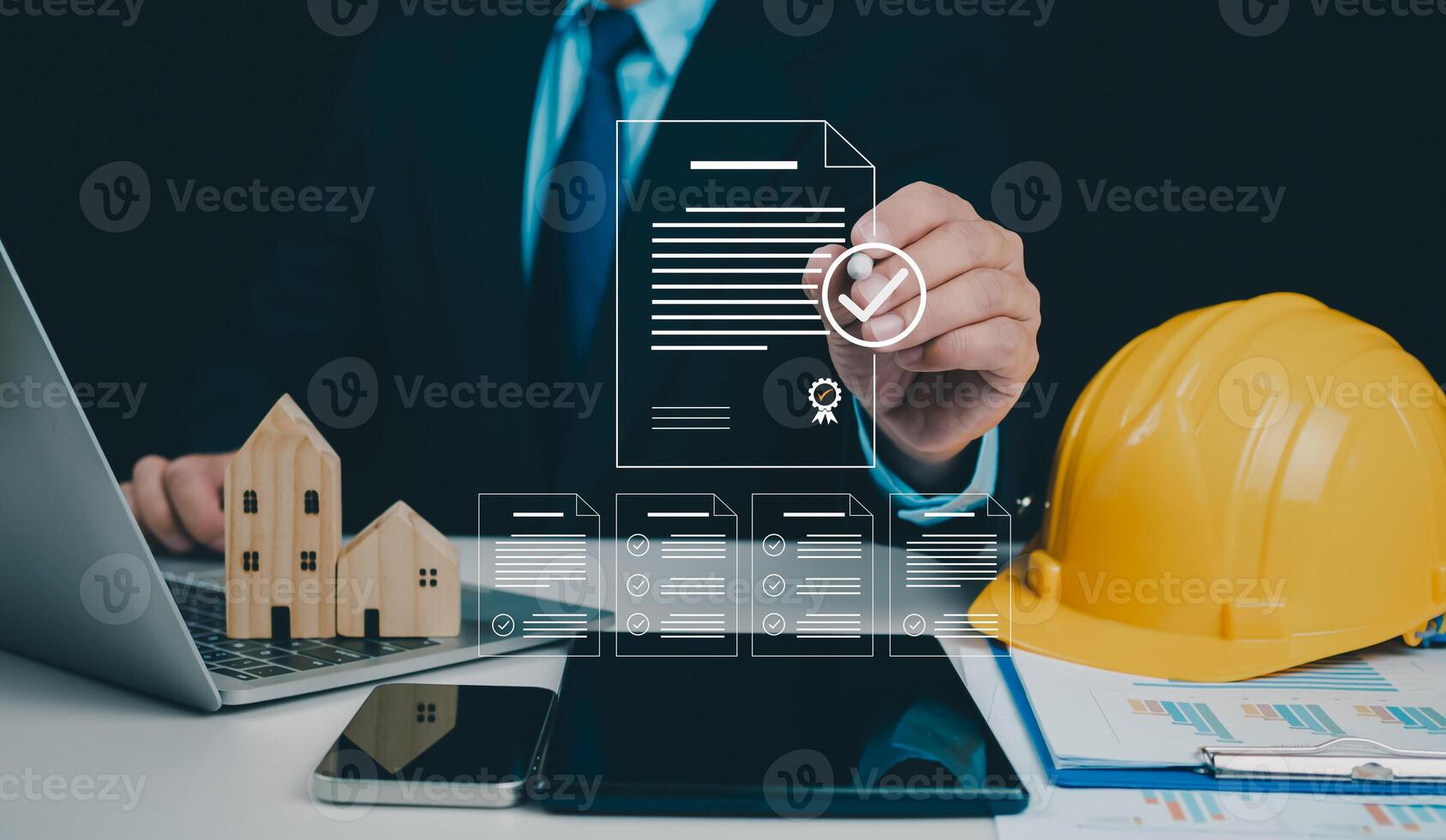 Architect or engineer Checking the list of documents and approving the project, Approved Buildings Permit concept with approved residential building project, Construction project inspection. photo
