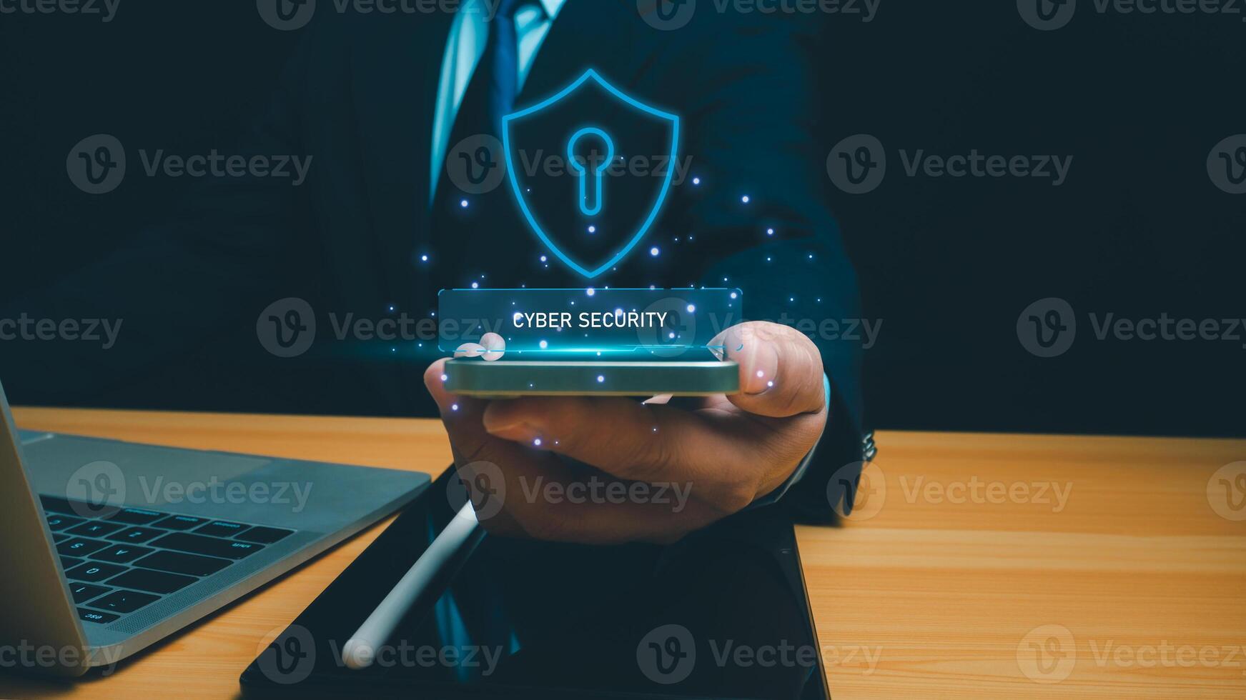Cyber security technology concept, Businessman use phone and computer online showing protection icons cyber espionage, Represents the code protection, Security concept and communication technology. photo