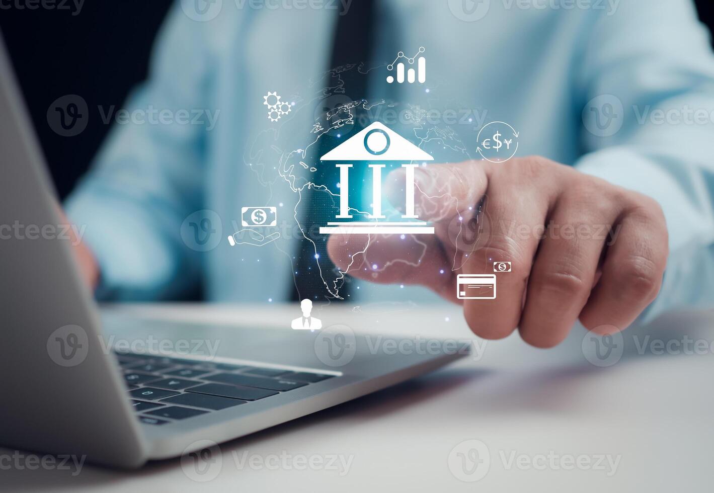 Online payments, Businessman showing icon online banking and icon network connection, Technology and business finance concept, Shopping and digital technology on virtual screen, Global business. photo