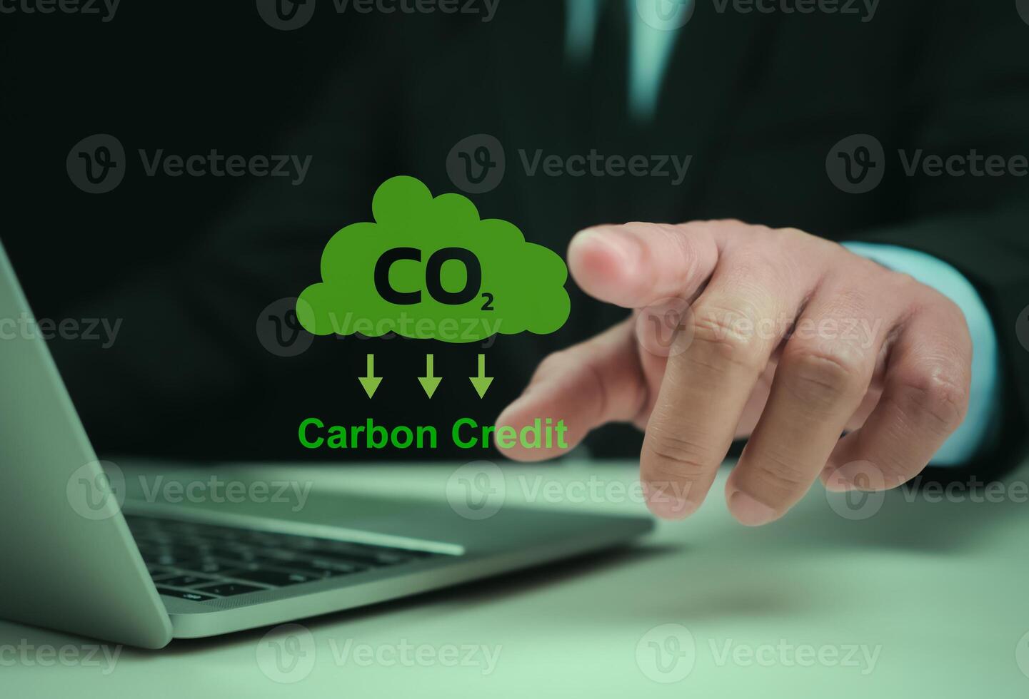 Carbon credit market concept. Businessman uses technology to exchange carbon credits, Carbon etf to invest in sustainable business, green climate funds investment, Net zero emission, Clean technology photo
