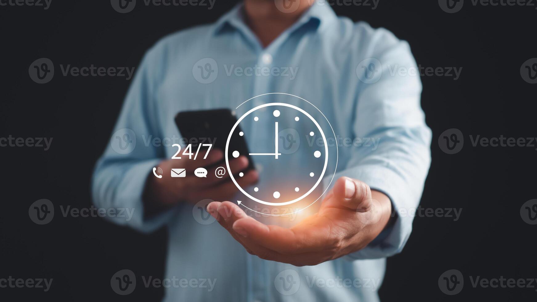 work 24 hour and 7 day icon virtual screen hologram, 24 hour open, 24 hour payment online banking, shopping, transaction online service server cloud running. photo