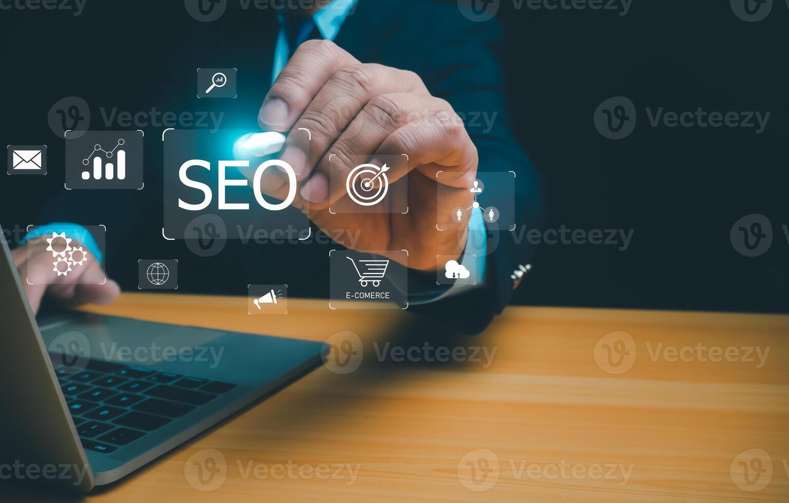 Businessman using a computer for analysis, SEO Search Engine Marketing, SEO Search engine optimization, Marketing ranking traffic website internet, Business technology, marketing concept. photo