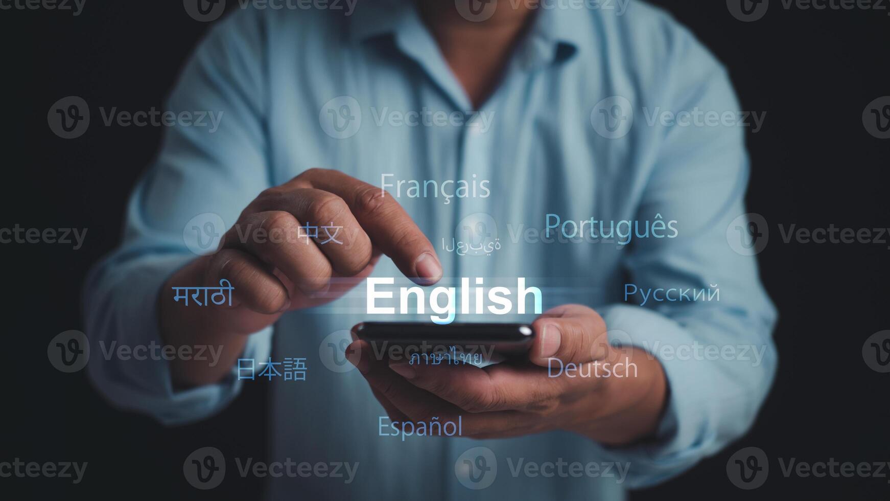 Person use smartphone with Translator app, Translator app, language course and e-learning concept, Translation or translate on the mobile app worldwide language conversation speaking concept. photo