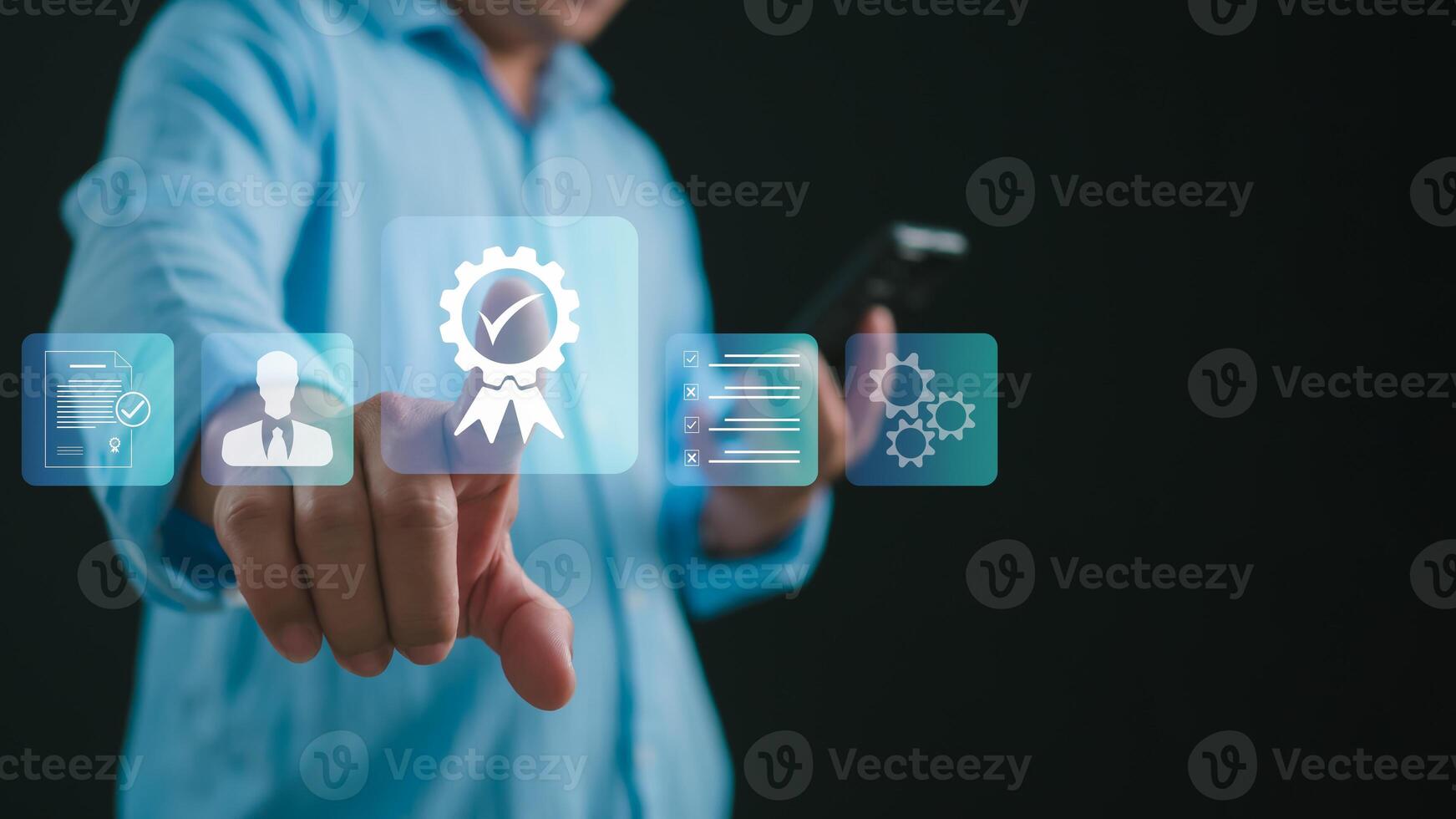 Man uses smartphone shows the sign of the top service the best Quality assurance, Standards, ISO certification and standardization concept. guarantee product and ISO service concept. photo