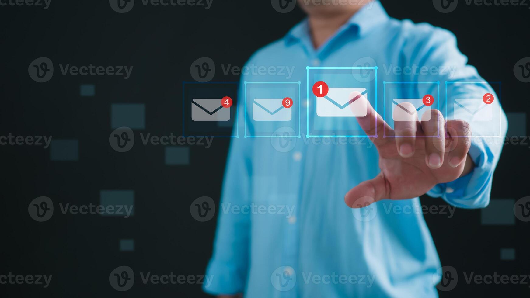 Online marketing, data link tech, Online communication, Businessman holding smartphone and touching with virtual icon white newsletter for electronic mail or E-mail with notification alert. photo