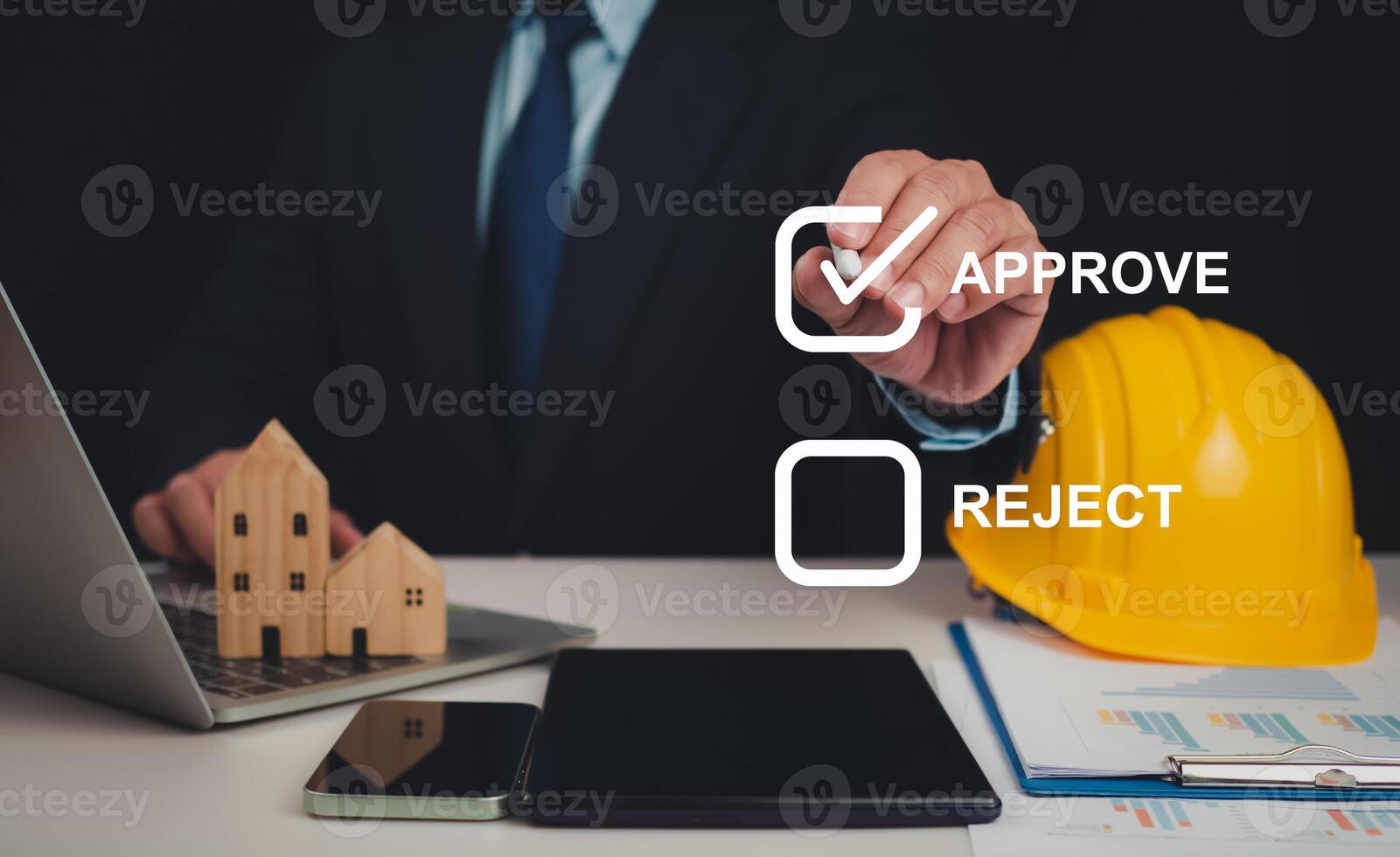 Approved Buildings Permit concept with approved residential building project, Architect or engineer Checking the list of documents and approving the project, Construction project inspection. photo