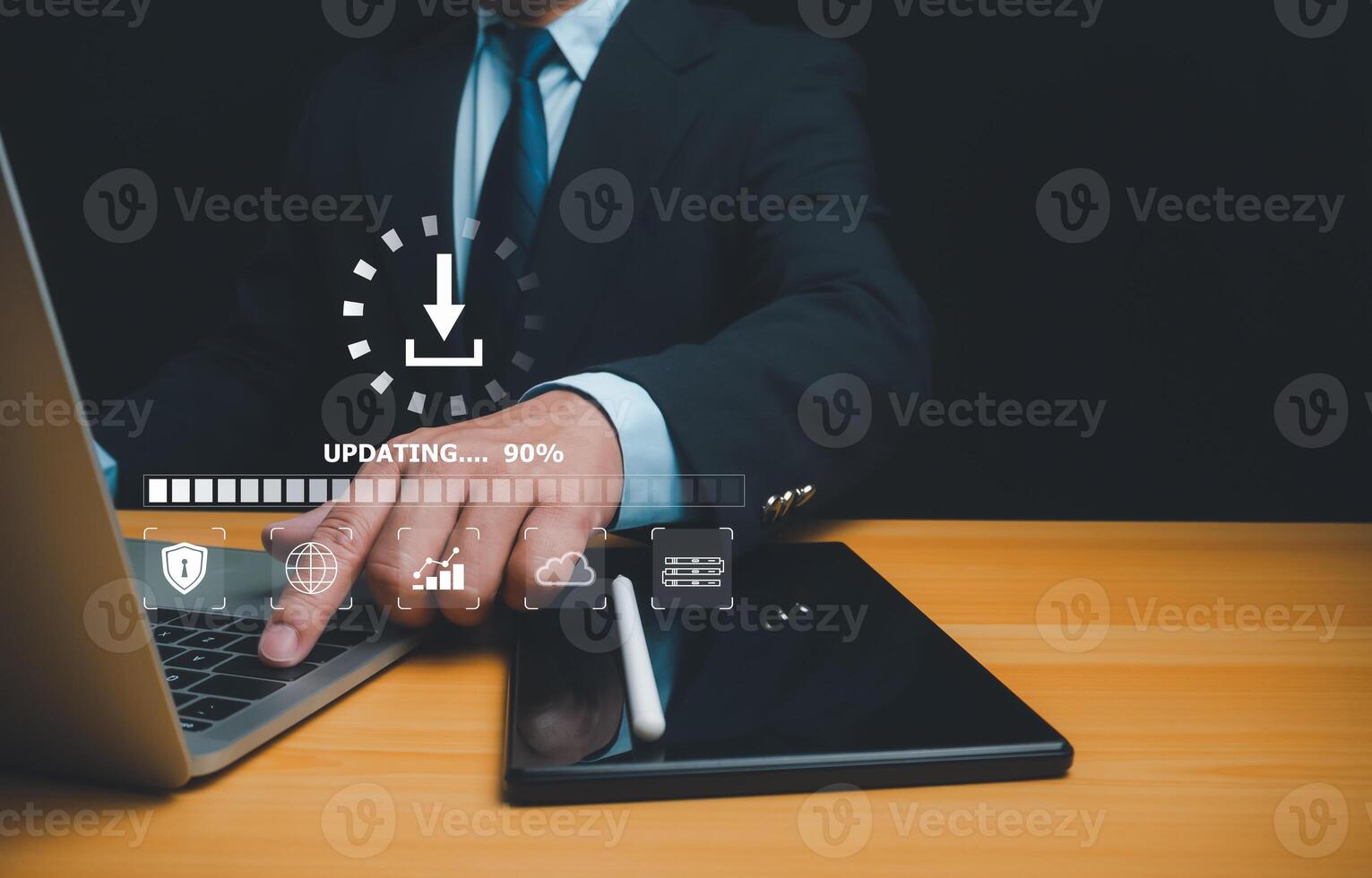 Man working and installing update process, Installation app and software update process, Modernize user equipment, Firmware or Operating System update, Developer released new version Improved security photo
