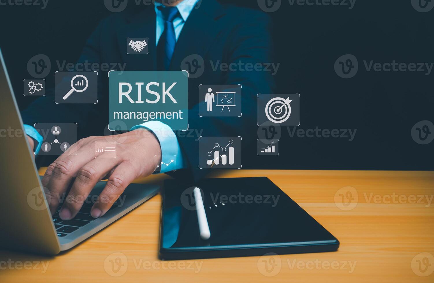 Risk Management and Assessment for Business Investment Concept, Risk management concept, Strategy and analyzing financial data on a virtual screen, Risky business risk management control and strategy. photo