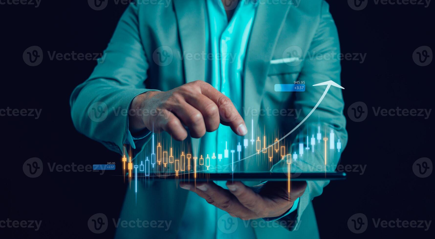 Businessman or trader is touching showing a growing virtual hologram stock on tablet, business planning and strategy, Stock market, Business growth, progress or success concept. Invest in trading. photo