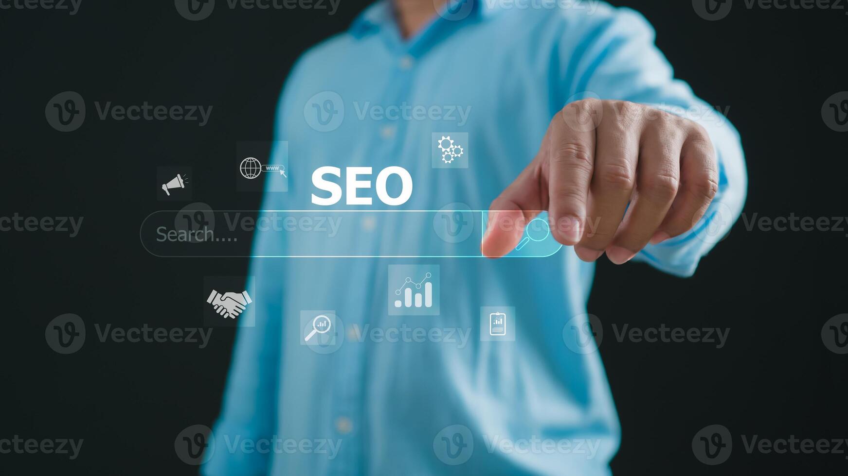 Businessman Search On Virtual Screen Data Search Technology Search Engine Optimization. Man use search engine to Searching for information. Using web Console for data, SEO. photo