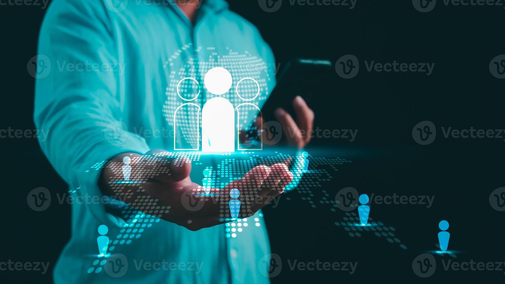 Businessman use smartphone with global structure customer network technology, Customer Relationship Management, Data exchanges development. Customer service, Social media, Digital marketing online. photo