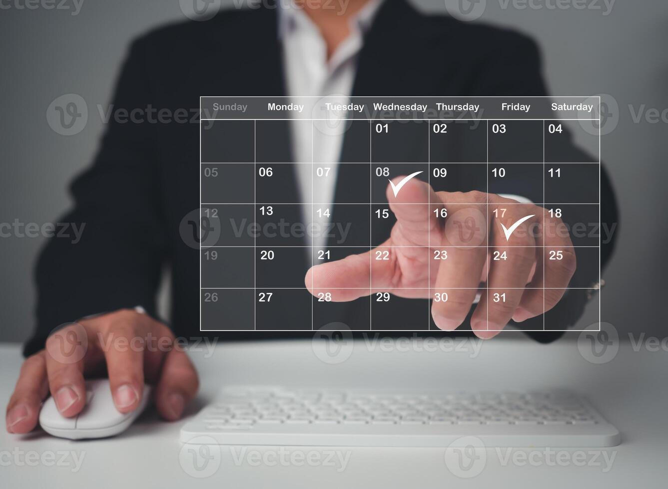Appointment scheduler, Businessman marking dates on virtual calendar, managing his business schedule, setting reminders for important appointments, creative collage for planning ideas. photo