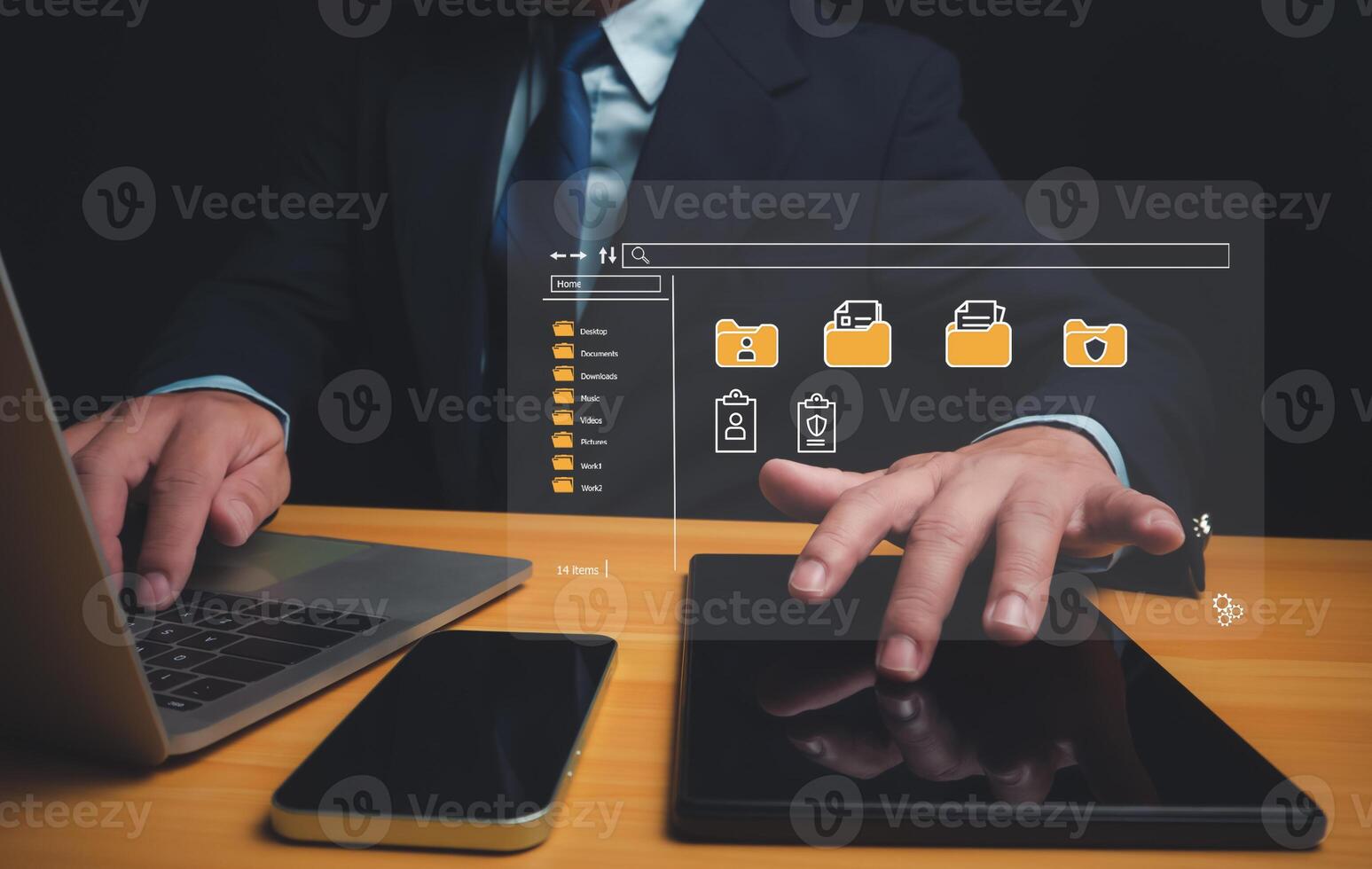 Businessman using a computer to document management, Document Management System DMS being setup by IT consultant working on laptop computer in office, Efficiently manage and information files. photo