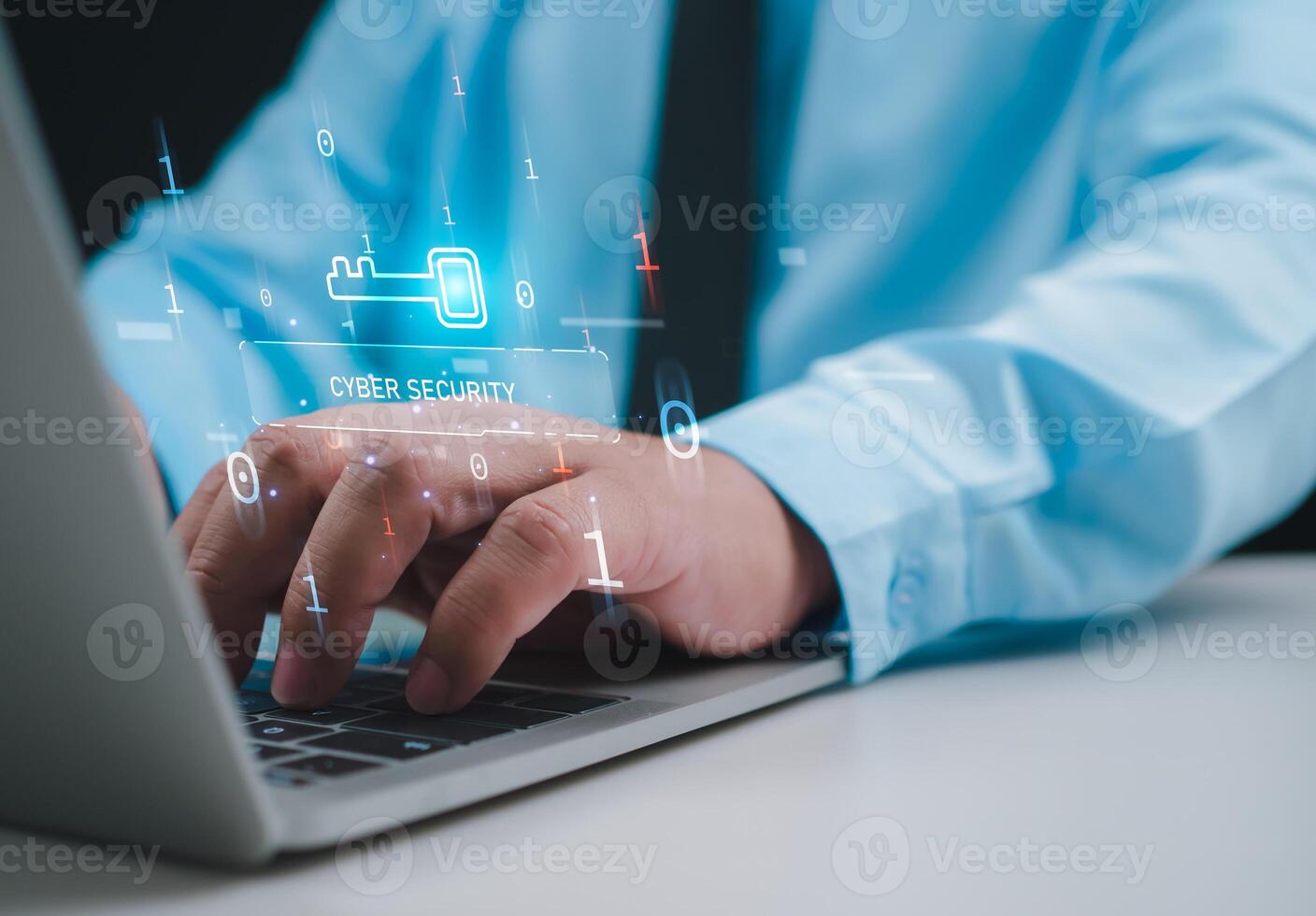 Businessman working on tablet and computer online showing protection icons cyber espionage, Represents the code protection, Security concept and communication technology. photo
