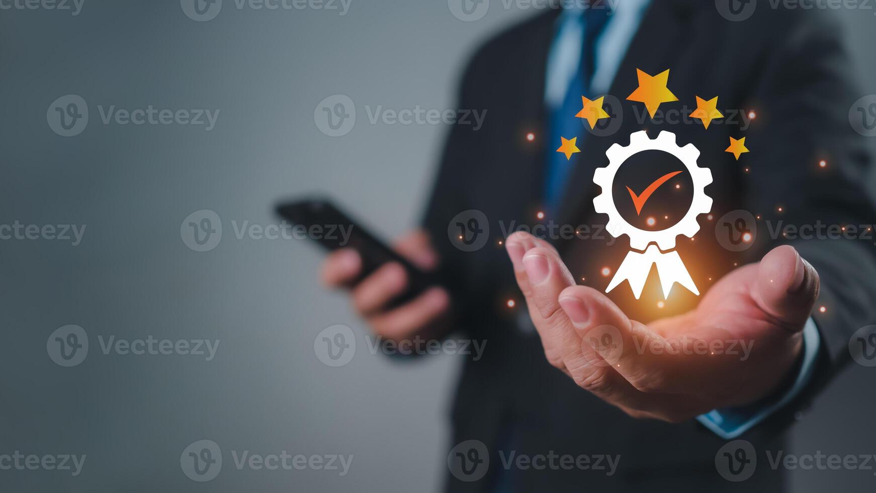Quality Assurance Concept, Human shows the sign of the top service Quality, Guarantee, Standards, ISO certification and standardization concept, five stars, excellence service, high quality. photo
