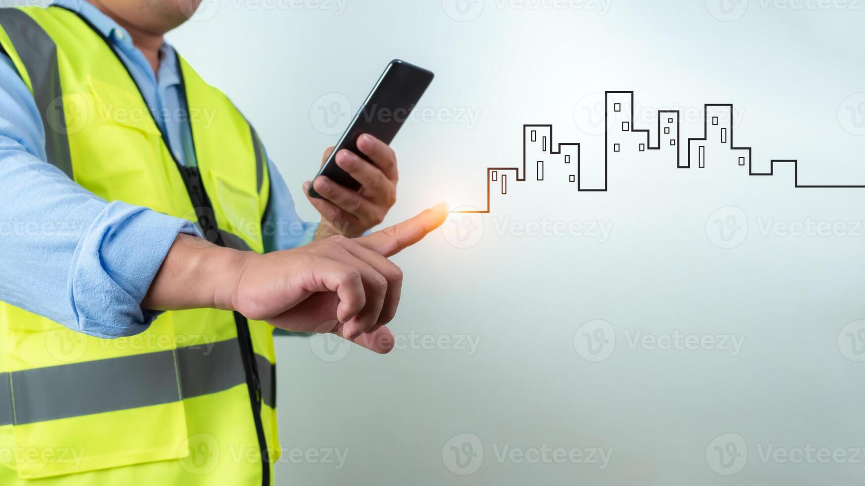 Civil engineer architect Using a smartphone to communicate and give orders to the construction team, Engineer building concept, Background for construction, Technology to construction. photo