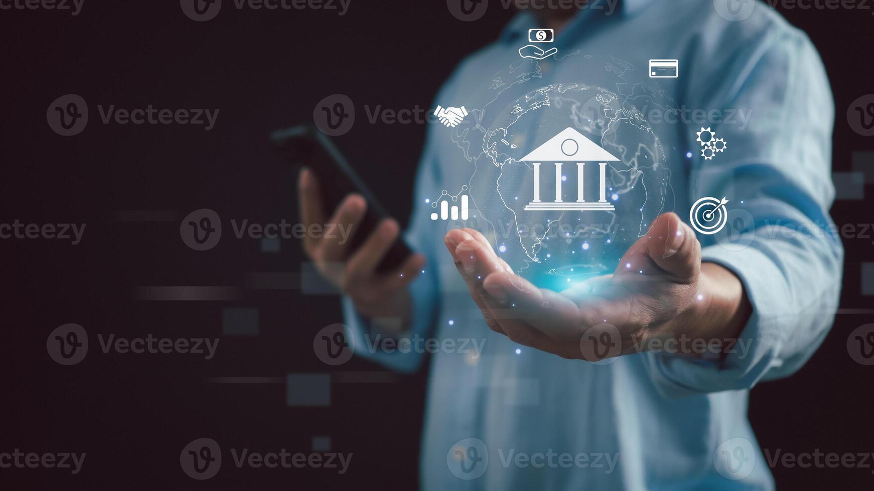 Businessman showing icon online banking and icon network connection, Technology and business finance concept, online payments, shopping and digital technology on virtual screen, global business. photo