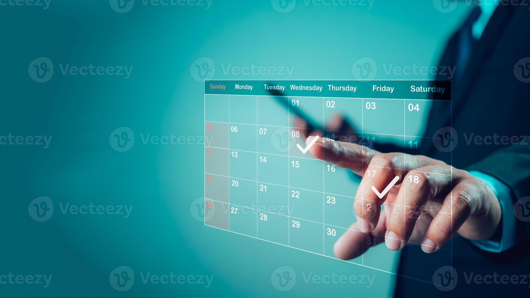 Creative collage for planning ideas, Appointment scheduler, Businessman marking dates on virtual calendar, managing his business schedule, setting reminders for important appointments. photo