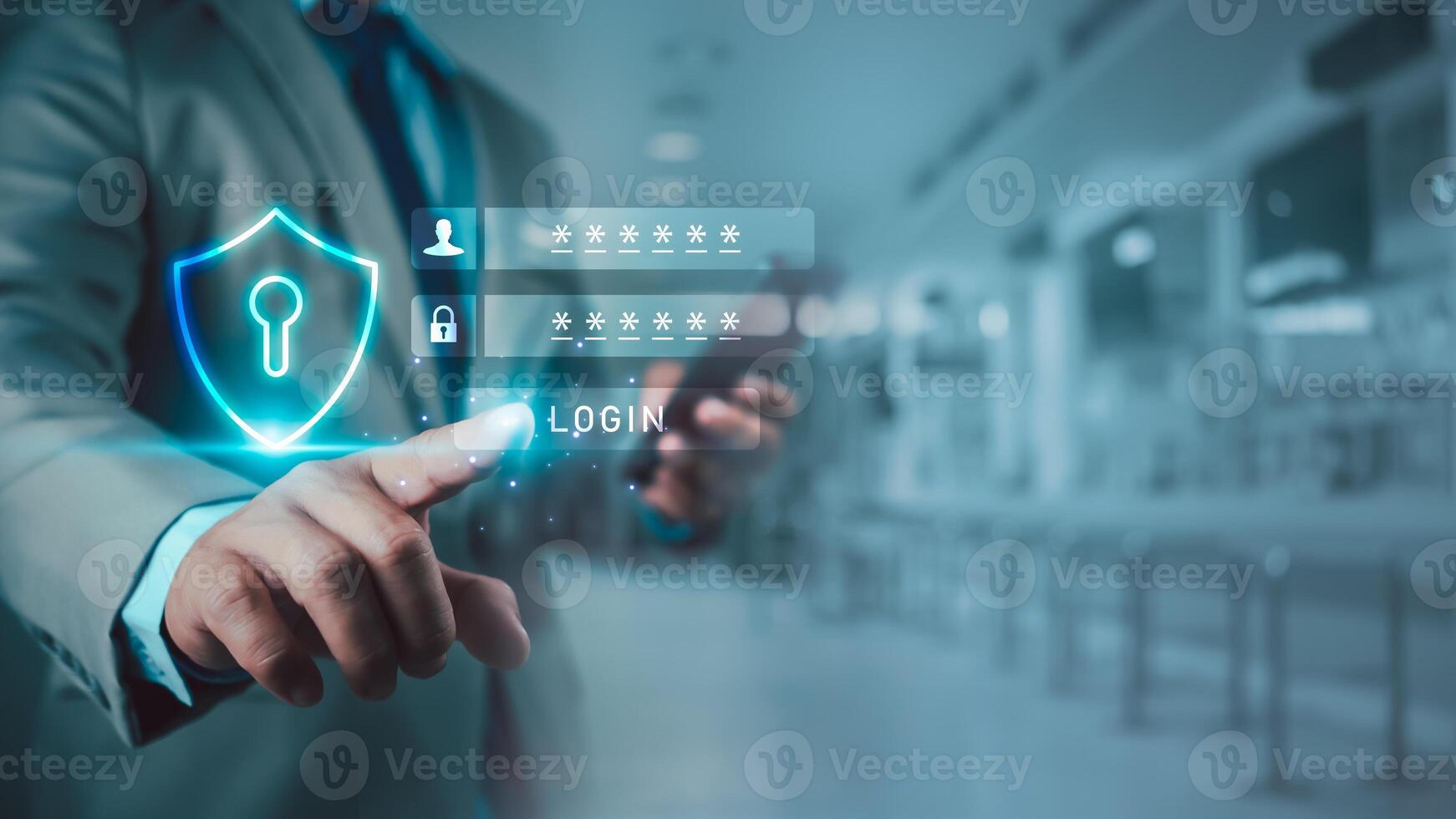 Businessman showing Symbolic shield represents protection against cybe rattacks and online hacking, Protection against external hacks, code protection security concepts, virus, firmware and malware. photo
