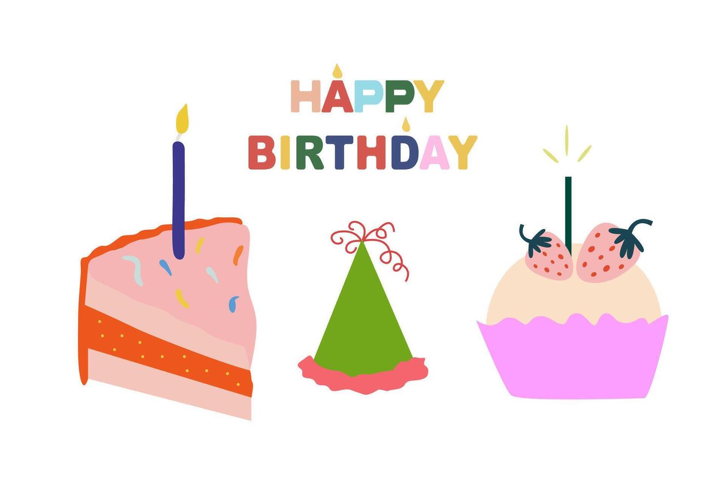 Birthday cake with candle, hats for the holiday and birthday cake. Celebration icons. A set of different items for celebrating a birthday. Card in flat design vector