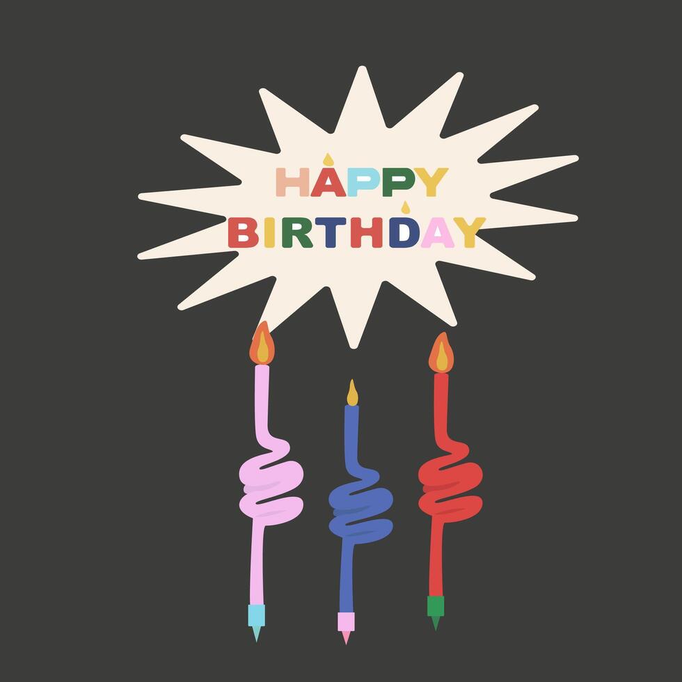 Birthday illustration. Birthday candles hand drawn. Celebration icons. A set of different candles for cake and celebrating a birthday. Happy Birthday card with candles vector
