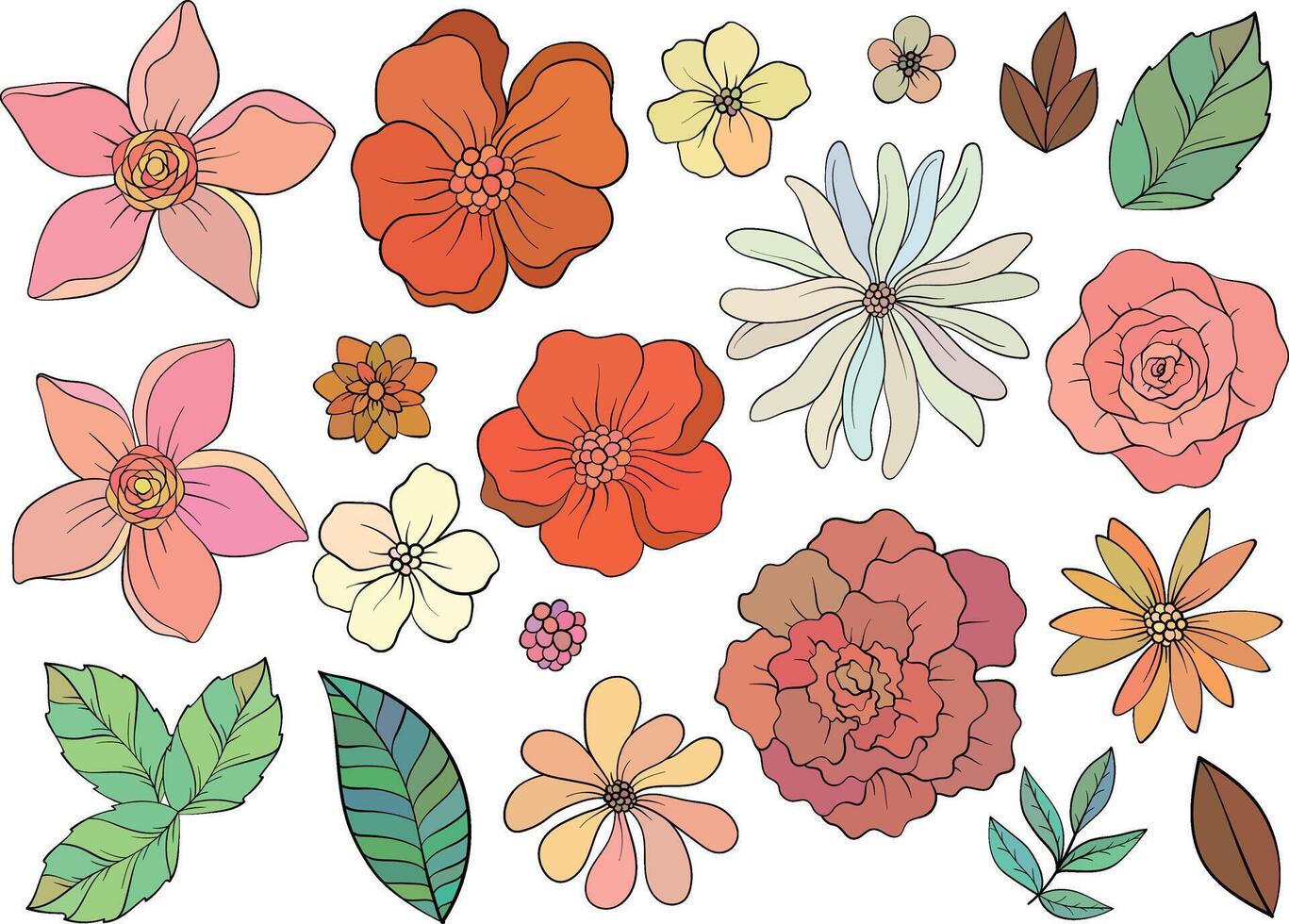 Set of wild flowers. Hand drawn botanical elements, small flowers and leaves. vector