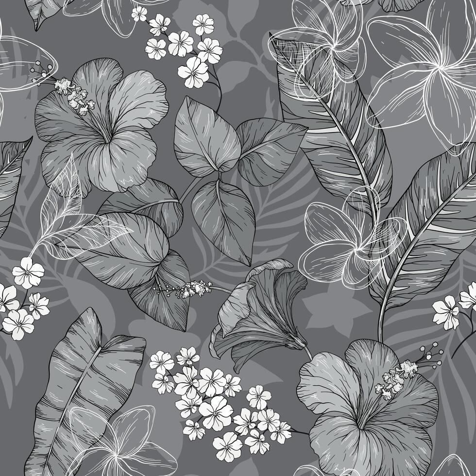 Black and white monochrome hand draw seamless pattern with tropical flowers, blossom cluster seamless background vector