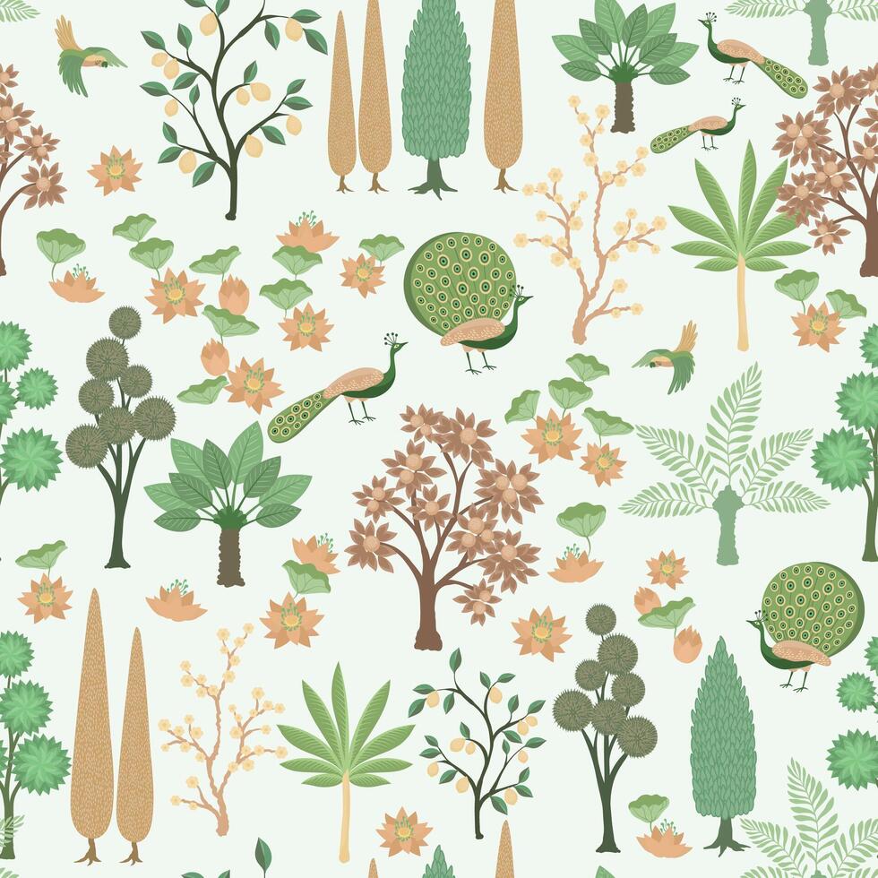 Traditional Mughal seamless pattern with garden, palms, lotus, peacoc vector