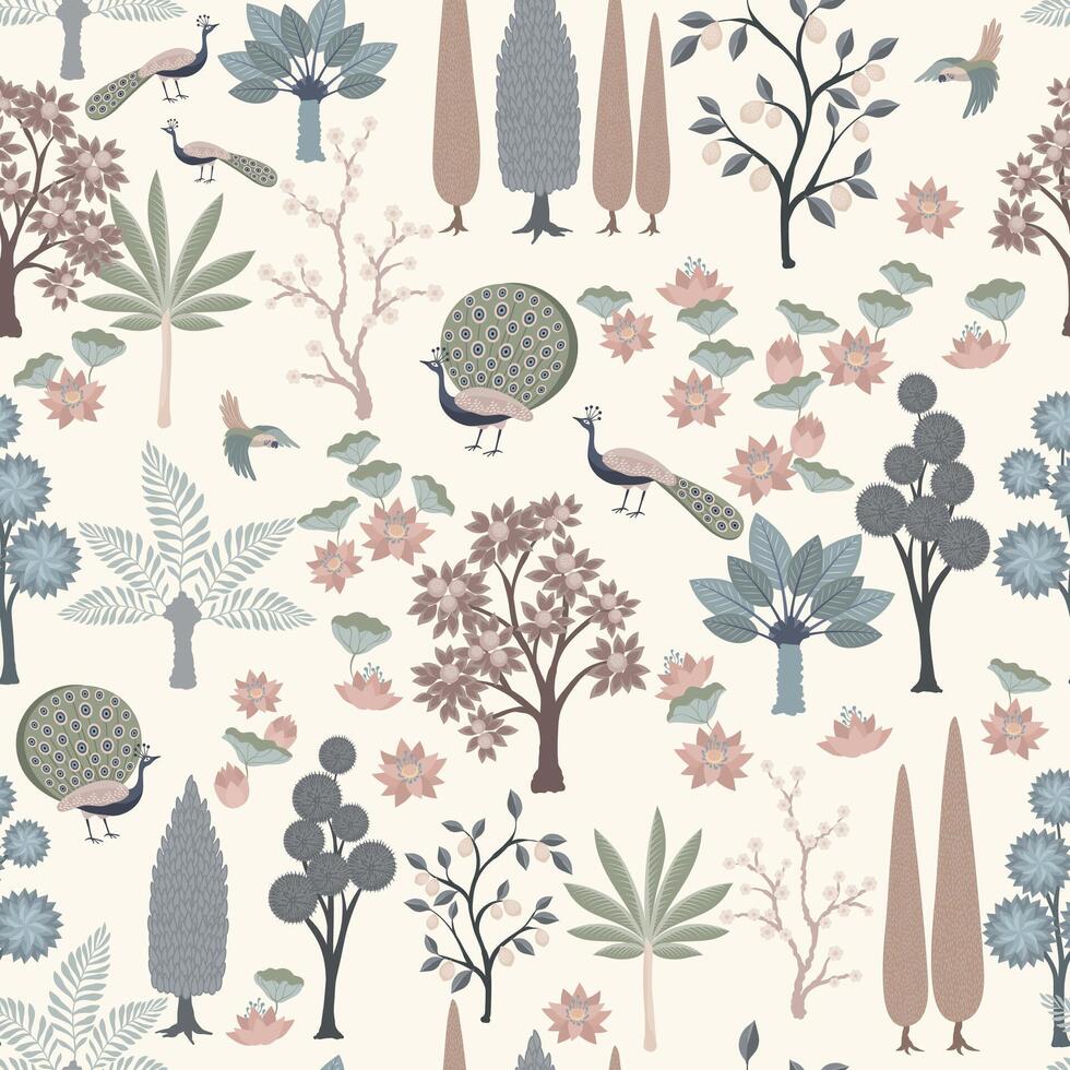 Traditional Mughal garden with trees, palms, lotus, peacock, seamless pattern for wallpaper vector