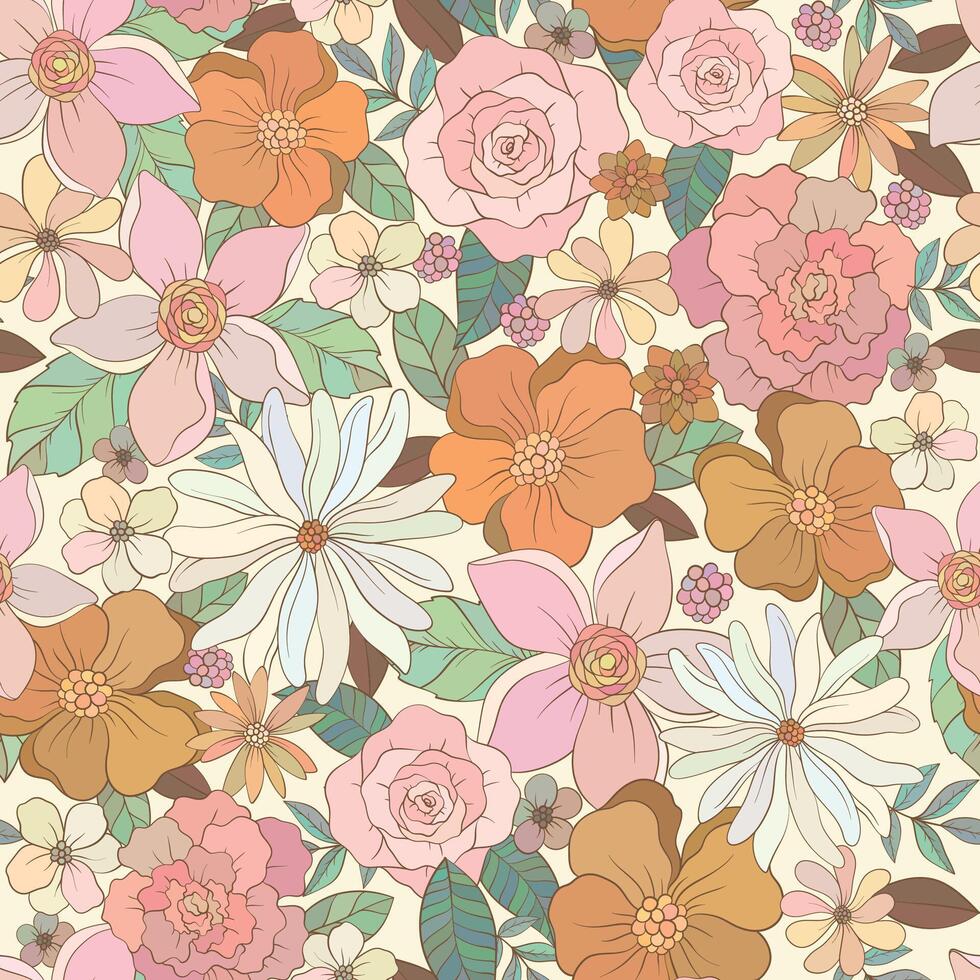 Seamless floral pattern, print with vintage motifs. Hand drawn botanical design with small flowers and leaves. vector