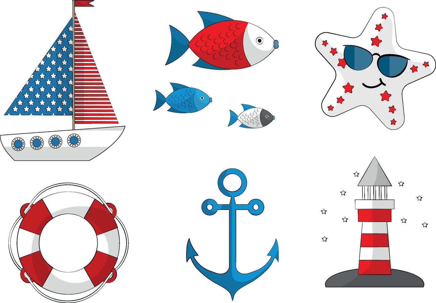 Set of sea Summer designs, ships, a lighthouse, boat, anchor, fish lifebuoy vector