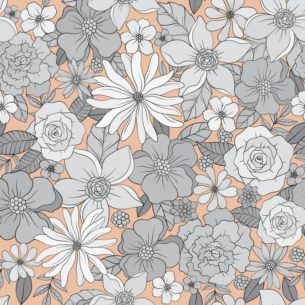 Seamless floral pattern, print with wild flowers. Hand drawn botanical design with small flowers and leaves, monochrome palette vector