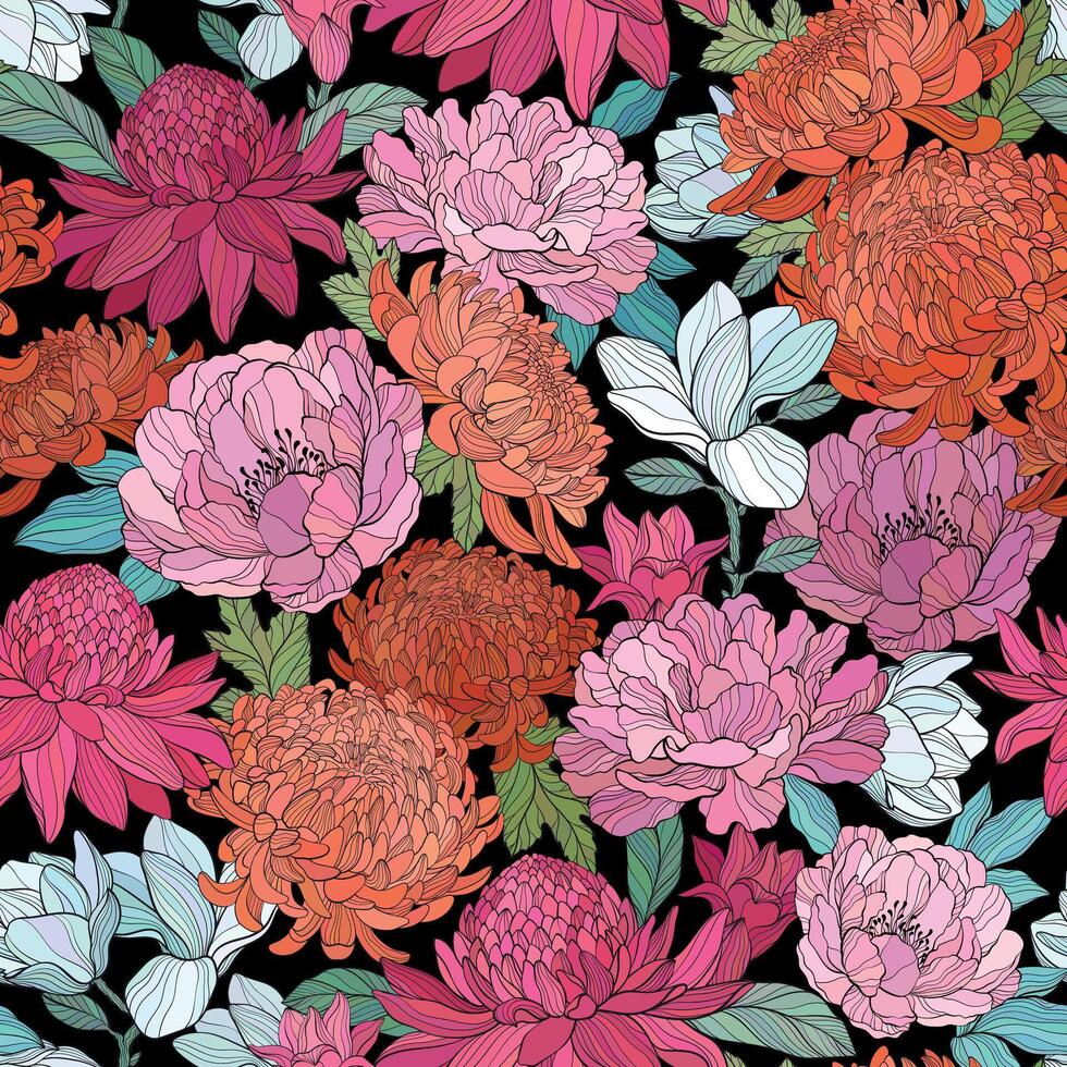 Seamless pattern with various flowers. Peony, chrysantea, magnolia, Torch ginger Etlingera elatior flowers, hand drawning style. vector