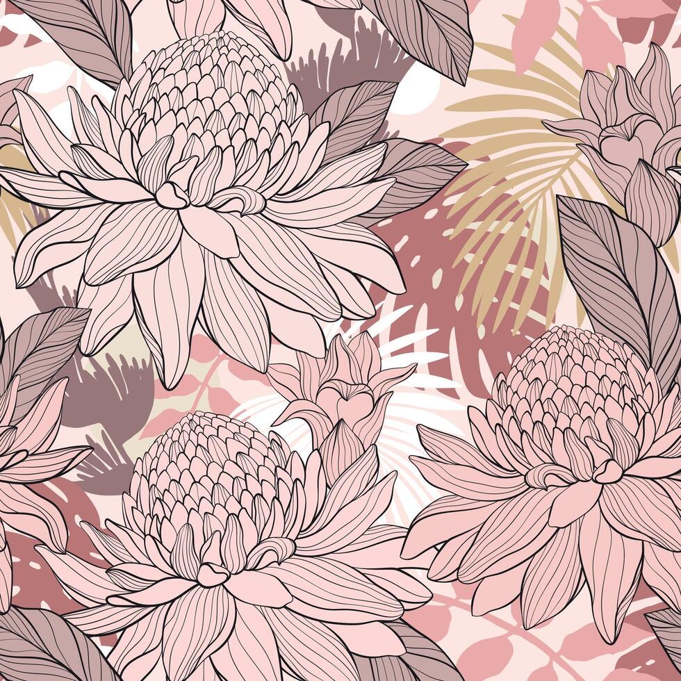 Seamless pattern floral with Torch ginger Etlingera elatior flowers, abstract hand drawning style. vector