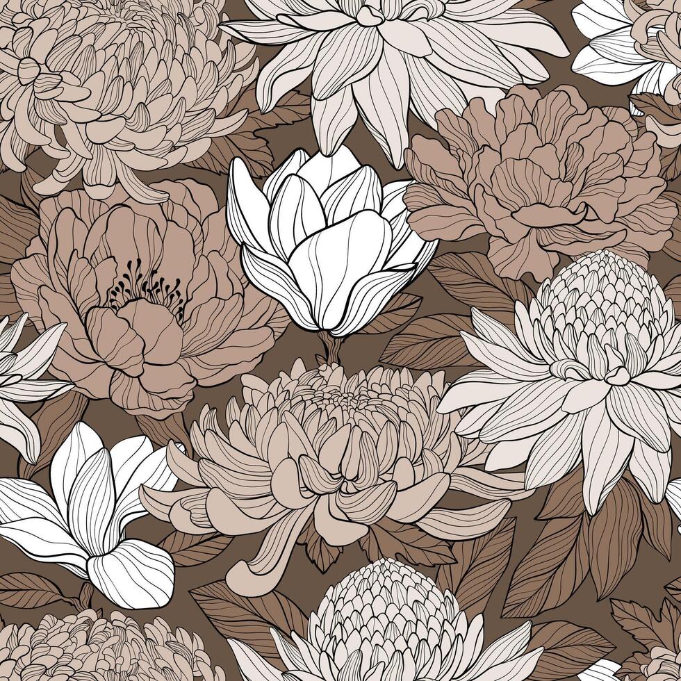 Seamless pattern with Peony, chrysantea, magnolia, Torch ginger Etlingera elatior flowers, hand drawning style. vector