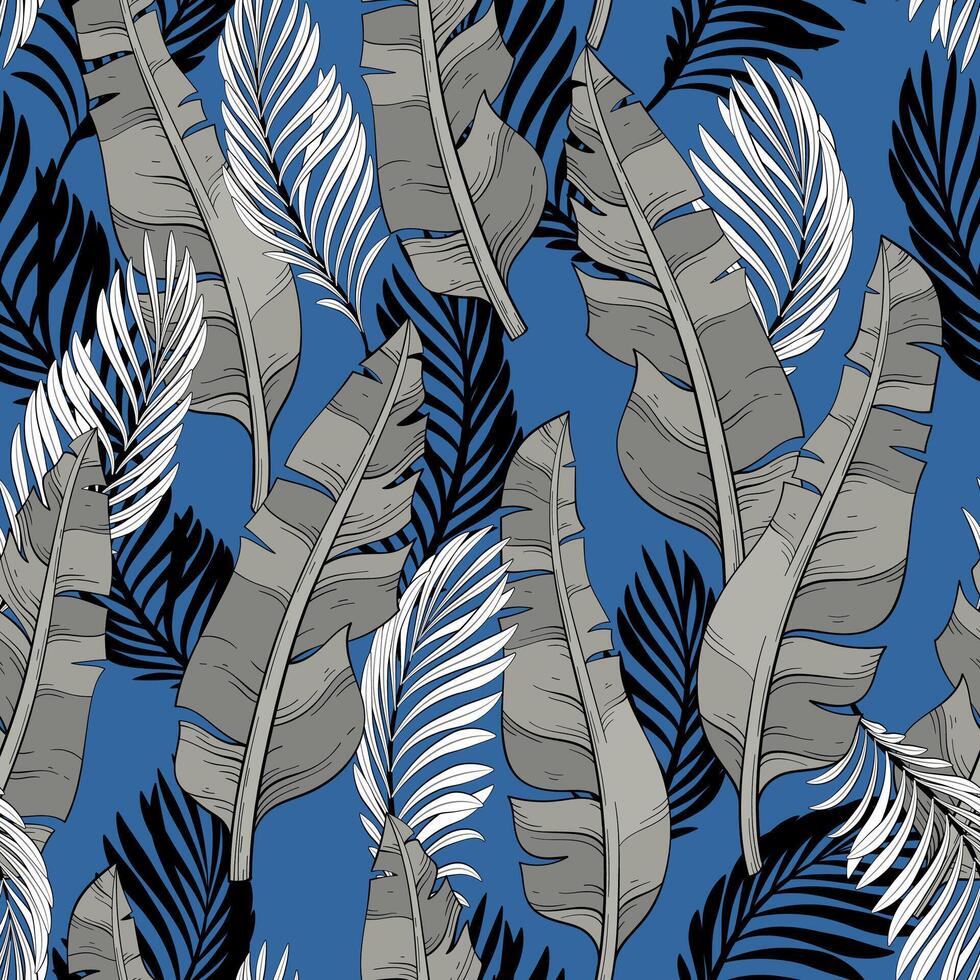 Seamless pattern wallpaper of tropical gray leaves of palm and banana leaves on a blue background vector