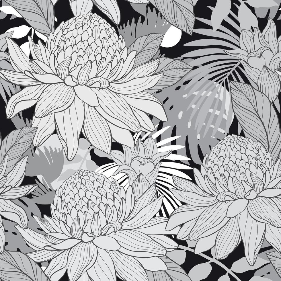 Seamless monochrome pattern with tropical plants. Torch ginger Etlingera elatior flowers, abstract hand drawning style. vector